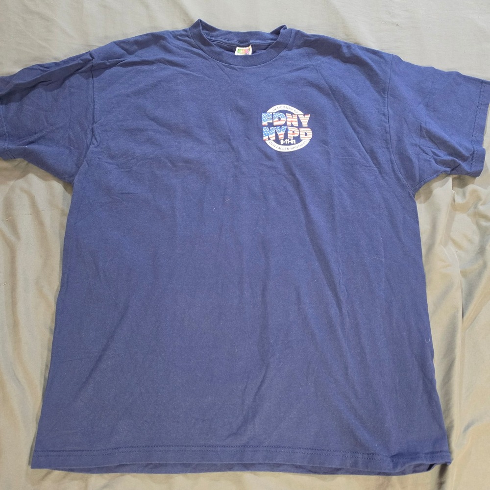 Fruit of the Loom FDNY NYPD 9-11 Memorial T-Shirt Navy Blue XXL 2XL Graphic Tee